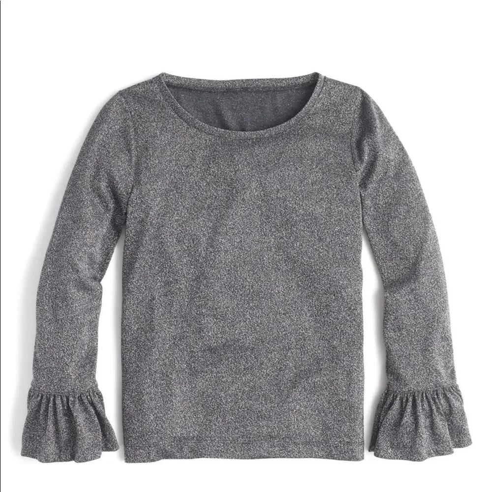 J Crew Metallic Sparkle Knit Bell Ruffle Sleeve Tee Top shirt Charcoal Gray M